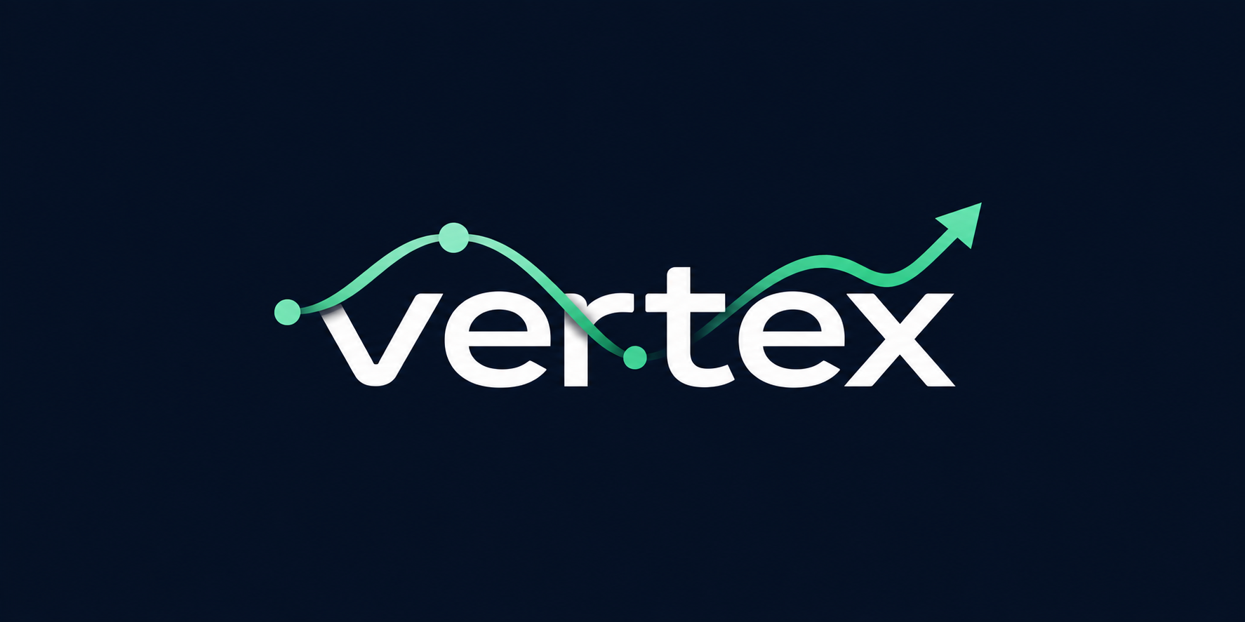 vertex lowercase logo with rising and falling mint green growth graph